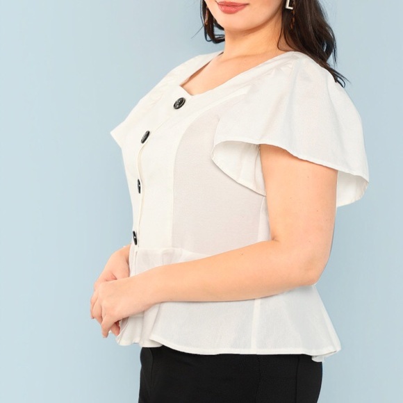 Vijiv Women's Peplum Blouse - V-Neck Flutter Sleeve Top With Smocked Waist